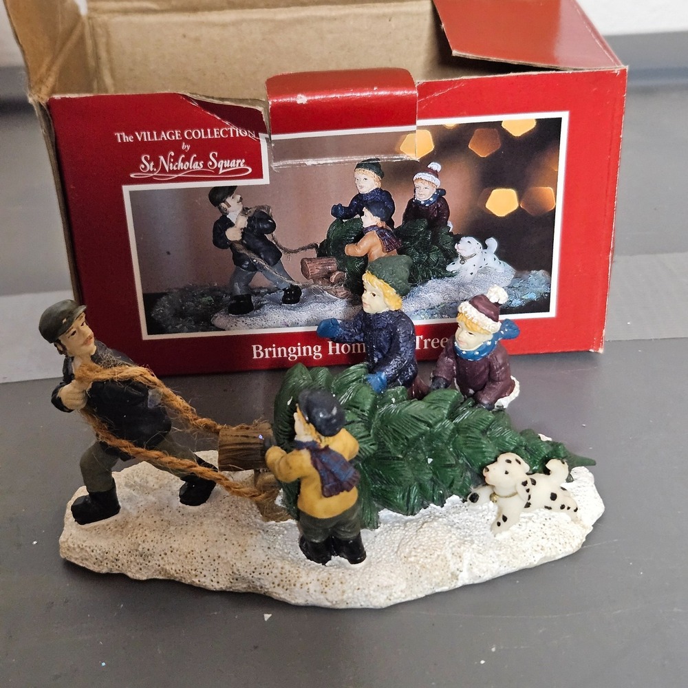 St. Nicholas Square Family Bringing Home‎ The Tree  Christmas Village Retired